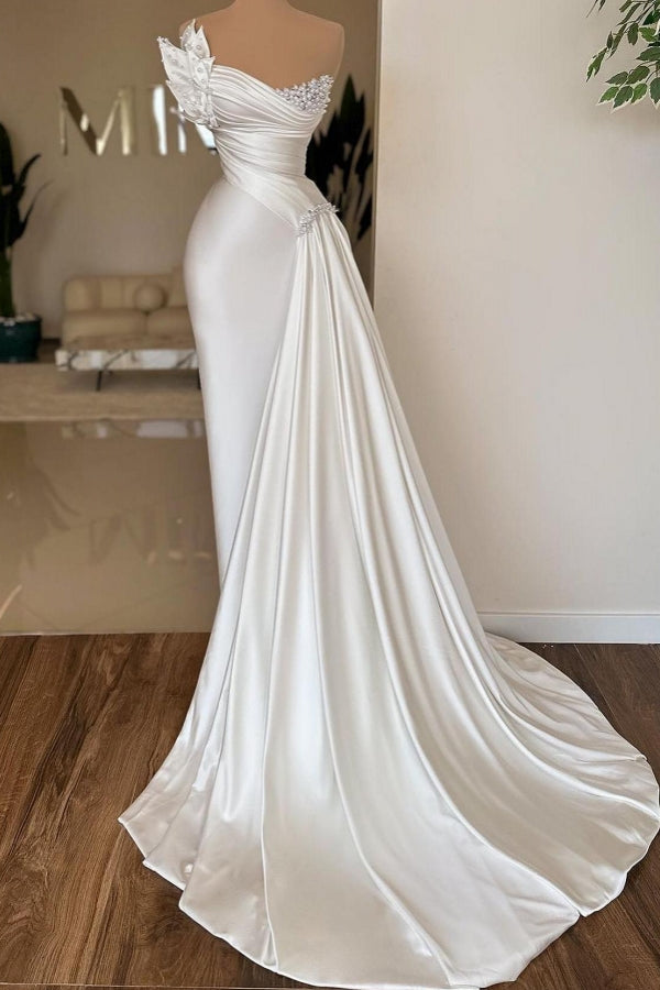 Long Ivory Wedding Dress Strapless Satin Pleated Bridal Gown With Pearls
