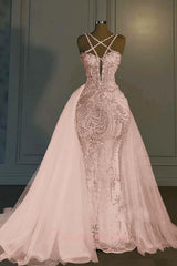 Mermaid V Neck Spaghetti Strap Heavy Bridal Gown With Beadings