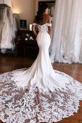 Long Mermaid Wedding Dress Off The Shoulder Lace Satin Bridal Gown