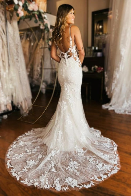 Long Mermaid Wedding Dress Spaghetti Straps V Neck Backless Bridal Gown