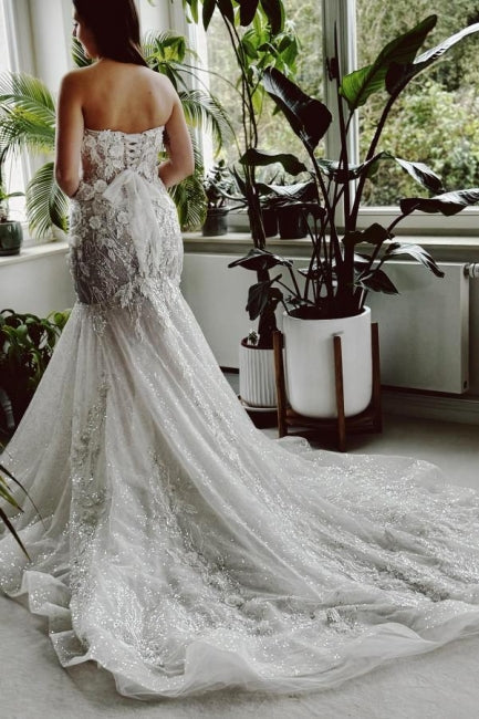 Long Mermaid Wedding Dress Strapless Lace Sequined Bridal Gown With Train