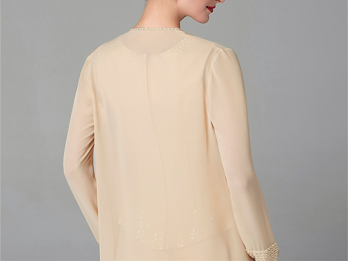 Long-Sleeve Chiffon Mother of the Bride Pantsuit with Jacket and Sequins