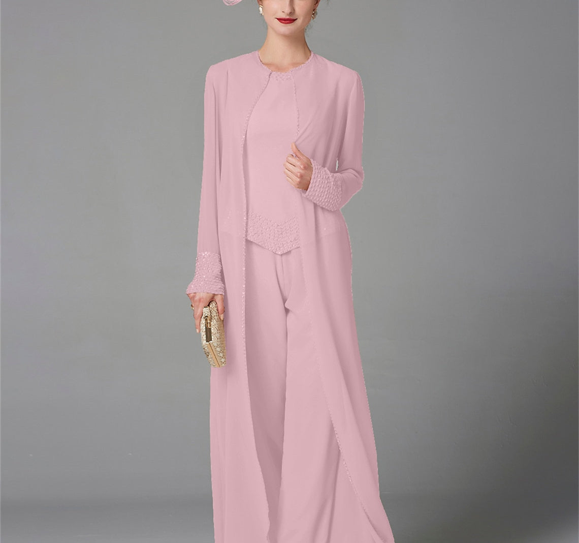 Long-Sleeve Chiffon Mother of the Bride Pantsuit with Jacket and Sequins