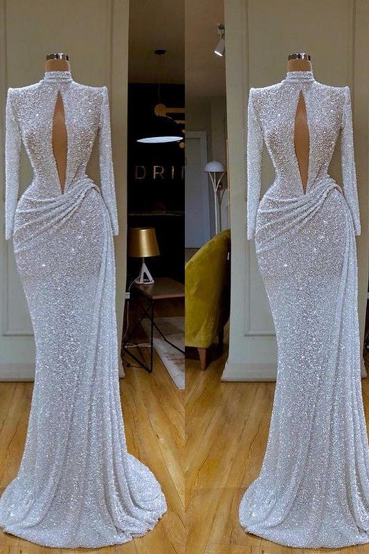 Long Sleeve Evening Dress High Neck Keyhole Sequined Formal Dress