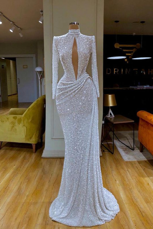 Long Sleeve Evening Dress High Neck Keyhole Sequined Formal Dress