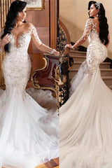 Long Sleeve Mermaid Lace Applique Wedding Dress