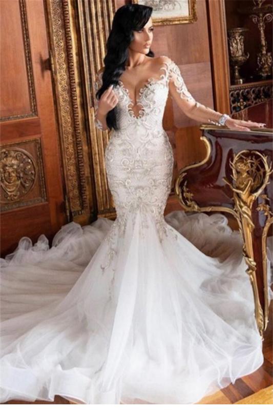 Long Sleeve Mermaid Lace Applique Wedding Dress