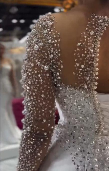 Long Sleeve Mermaid Wedding Dress Beaded Satin Stunning Bridal Gown with Detachable Train