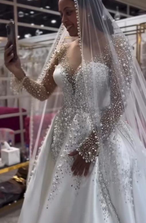 Long Sleeve Mermaid Wedding Dress Beaded Satin Stunning Bridal Gown with Detachable Train