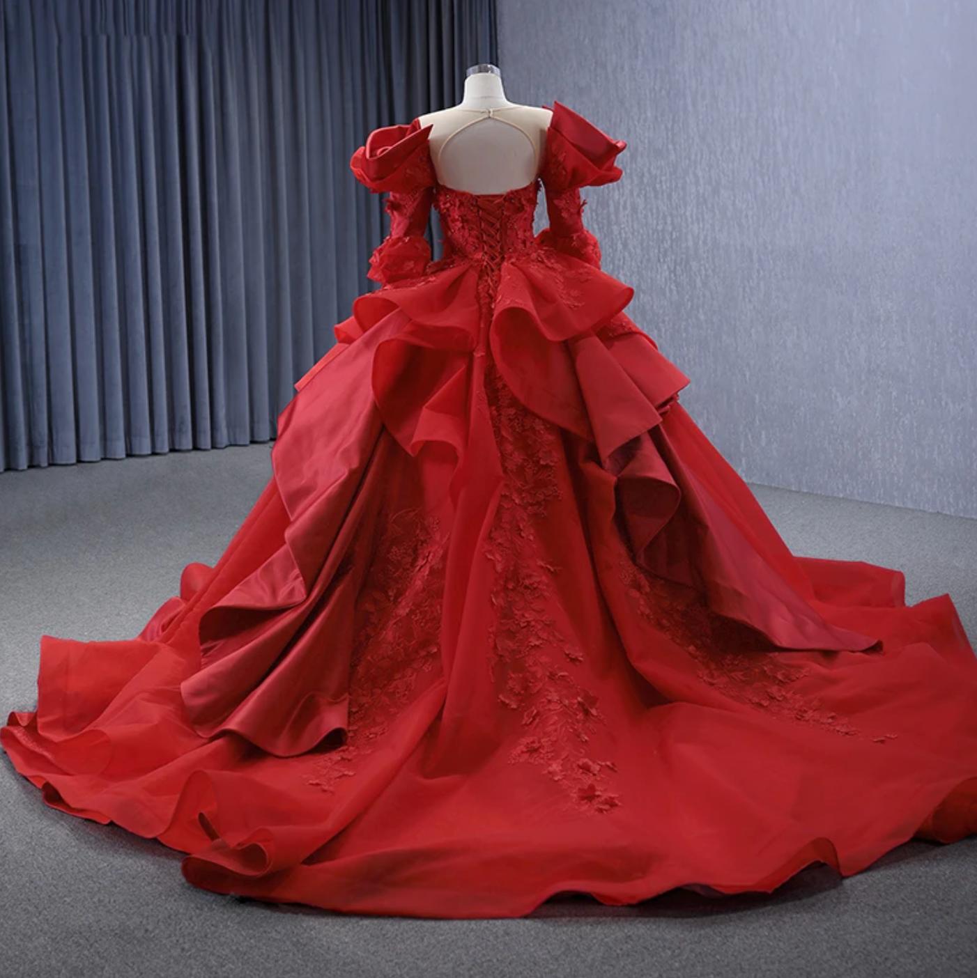 Long Sleeve Quinceanera Dress Red Crew Neck Ball Gown Sweet 16 Dress