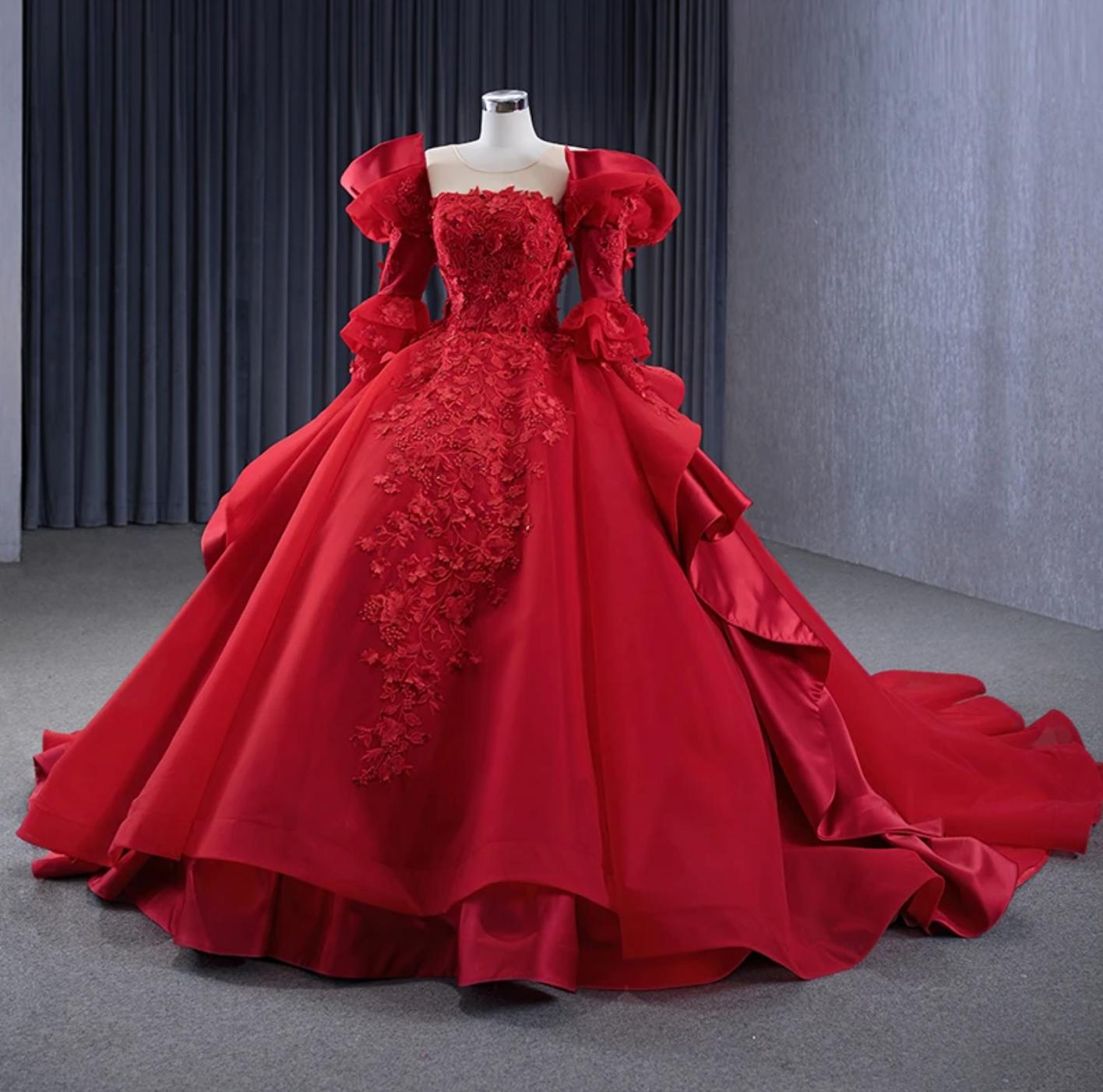 Long Sleeve Quinceanera Dress Red Crew Neck Ball Gown Sweet 16 Dress