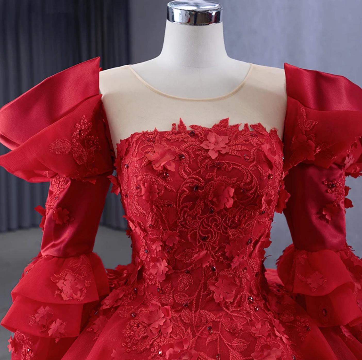 Long Sleeve Quinceanera Dress Red Crew Neck Ball Gown Sweet 16 Dress