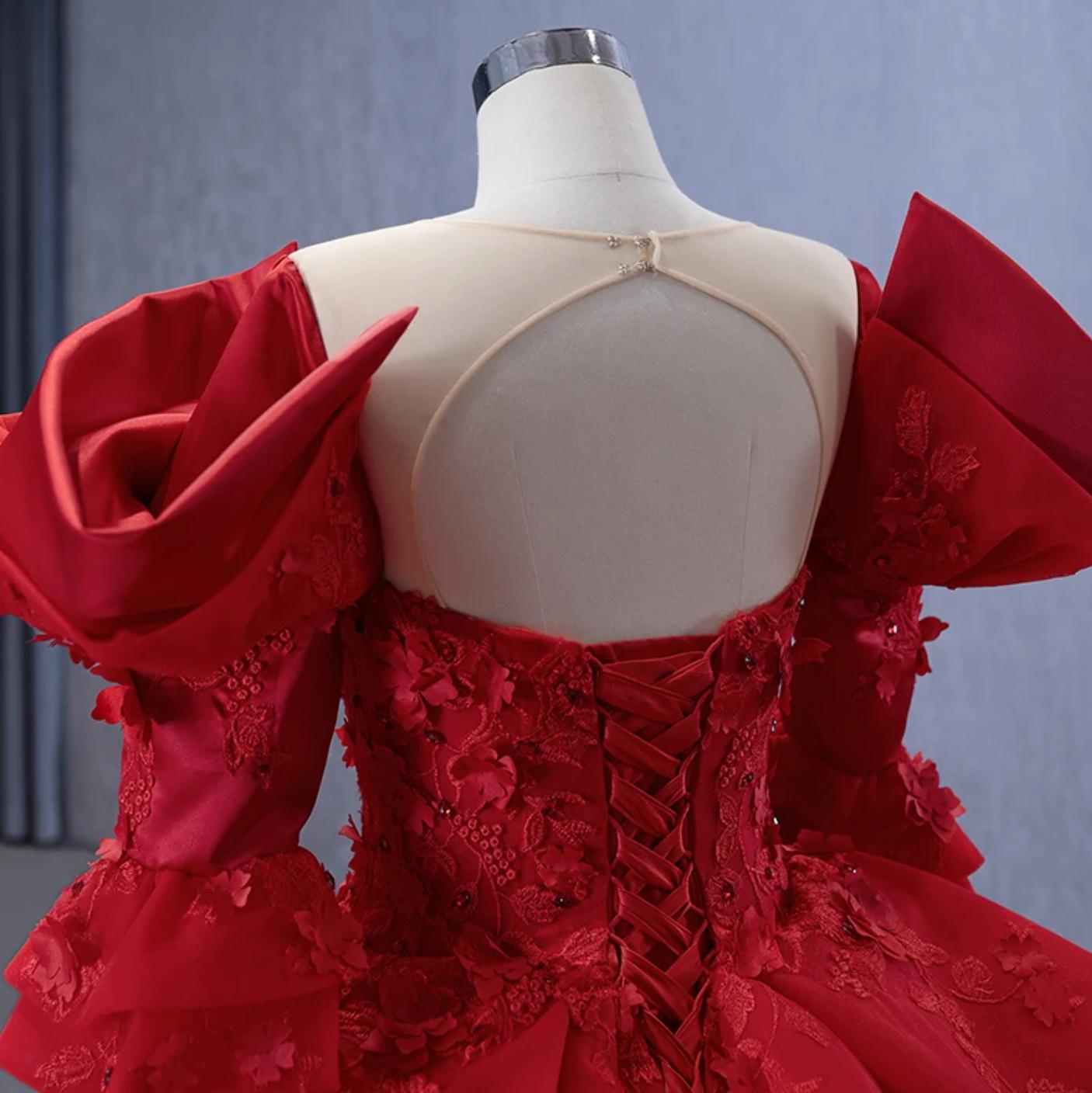 Long Sleeve Quinceanera Dress Red Crew Neck Ball Gown Sweet 16 Dress