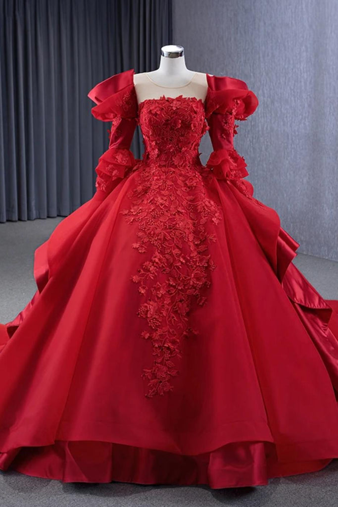 red long sleeve quince dress Dreamyannie Long Sleeve Quinceanera Dress Red Crew Neck Ball Gown Sweet 16  Dress – Dreamyannie UK