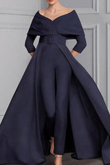Long-Sleeve Scoop Neck Pantsuit for the Mother of the Bride Featuring a Belt