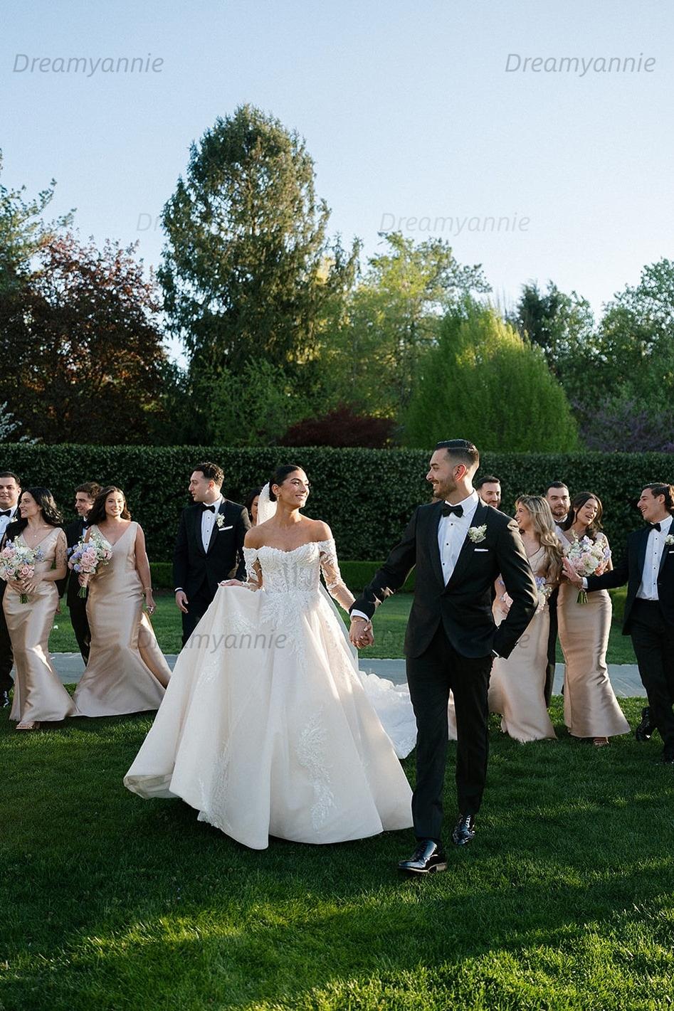 Long Sleeve Wedding Dress Off the Shoulder Beaded Lace Appliques Bridal Gown