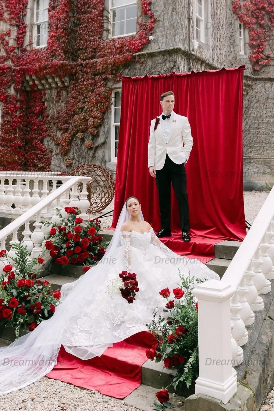Long Sleeve Wedding Dress Off the Shoulder Lace Appliqued A Line Bridal Gown