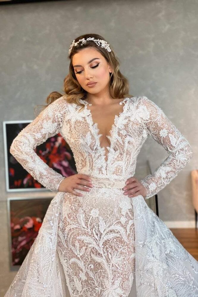 Long Sleeve Wedding Dress V Neck Lace Appliqued Bridal Gown with Detachable Train