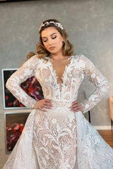 Long Sleeve Wedding Dress V Neck Lace Appliqued Bridal Gown with Detachable Train