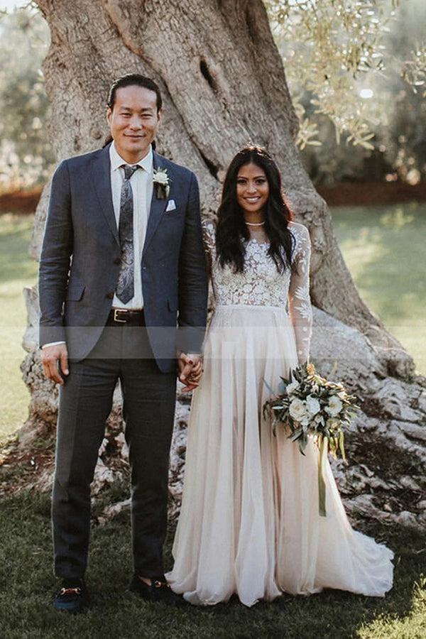 Long Sleeves A Line Beach Wedding Dress Lace Bridal Gown