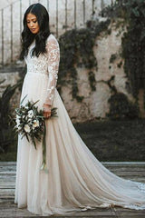Long Sleeves A Line Beach Wedding Dress Lace Bridal Gown