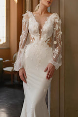 Long Sleeves Court Train Elastic Satin Beach Wedding Dresses - Mermaid Illusion Neck