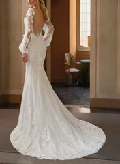 Long Sleeves Court Train Elastic Satin Beach Wedding Dresses - Mermaid Illusion Neck