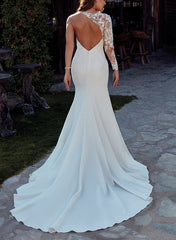Long Sleeves Court Train Elastic Satin Wedding Dresses With Appliques Lace