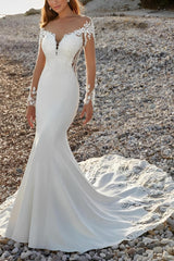 Long Sleeves Court Train Lace/Elastic Satin Beach Wedding Dresses With Appliques Lace