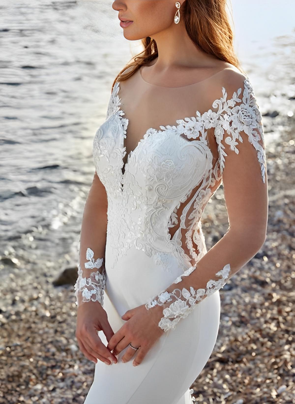 Long Sleeves Court Train Lace/Elastic Satin Beach Wedding Dresses With Appliques Lace
