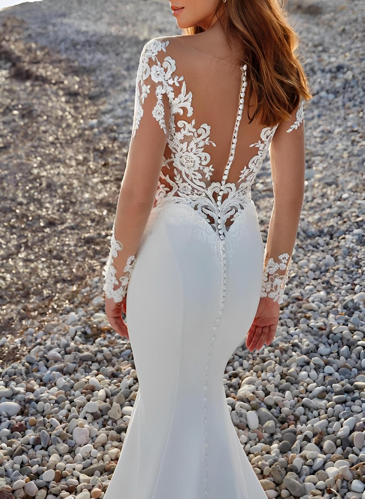 Long Sleeves Court Train Lace/Elastic Satin Beach Wedding Dresses With Appliques Lace