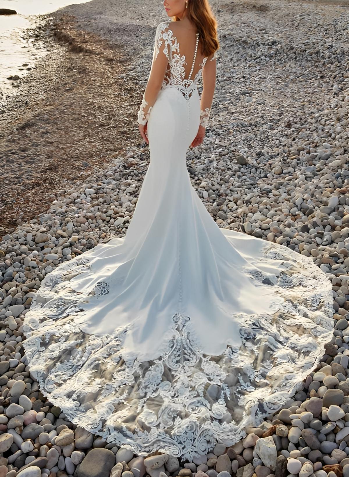 Long Sleeves Court Train Lace/Elastic Satin Beach Wedding Dresses With Appliques Lace