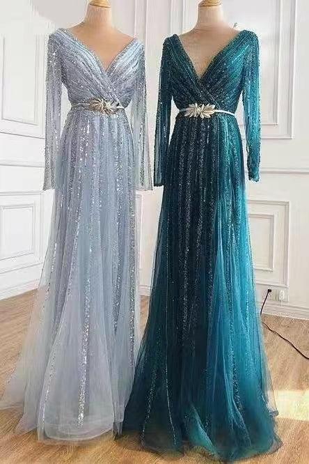 Long Sleeves Deep V Neck Sequins Evening Dress with Beads and Tulle