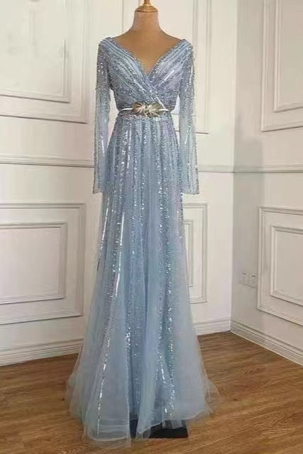 Long Sleeves Deep V Neck Sequins Evening Dress with Beads and Tulle
