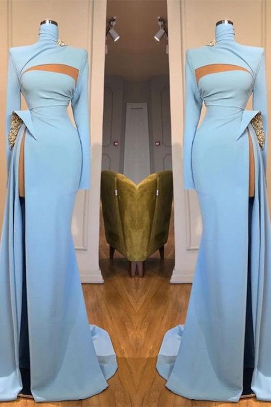 Long Sleeves Evening Dress High Neck Mermaid Prom Dress Long With Slit
