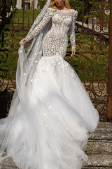 Long Sleeves Lace Beach Wedding Dress with Back Hole