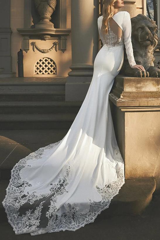 Dreamyannie Women Beach Wedding Dress Long Sleeves Lace/Elastic Satin Bridal  Dress