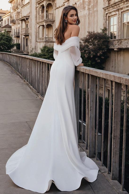 Long Sleeves Mermaid Beach Wedding Dress Off-The-Shoulder Elastic Satin Simple