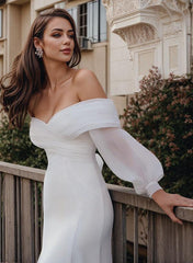 Long Sleeves Mermaid Beach Wedding Dress Off-The-Shoulder Elastic Satin Simple