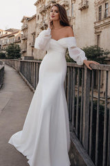 Long Sleeves Mermaid Beach Wedding Dress Off-The-Shoulder Elastic Satin Simple