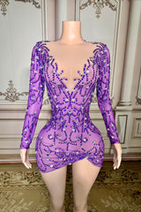 Long Sleeves Mini Homecoming Dress Purple Bodycon Cocktail Party Dress