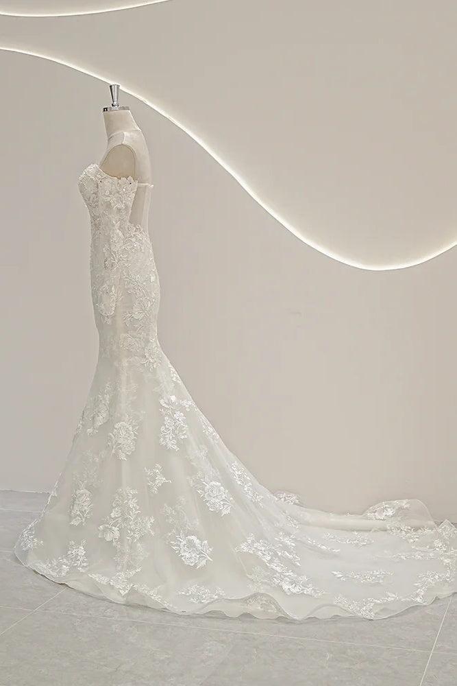 Long Sleeves Off the Shoulder Wedding Dress Tulle Mermaid Bridal Gown