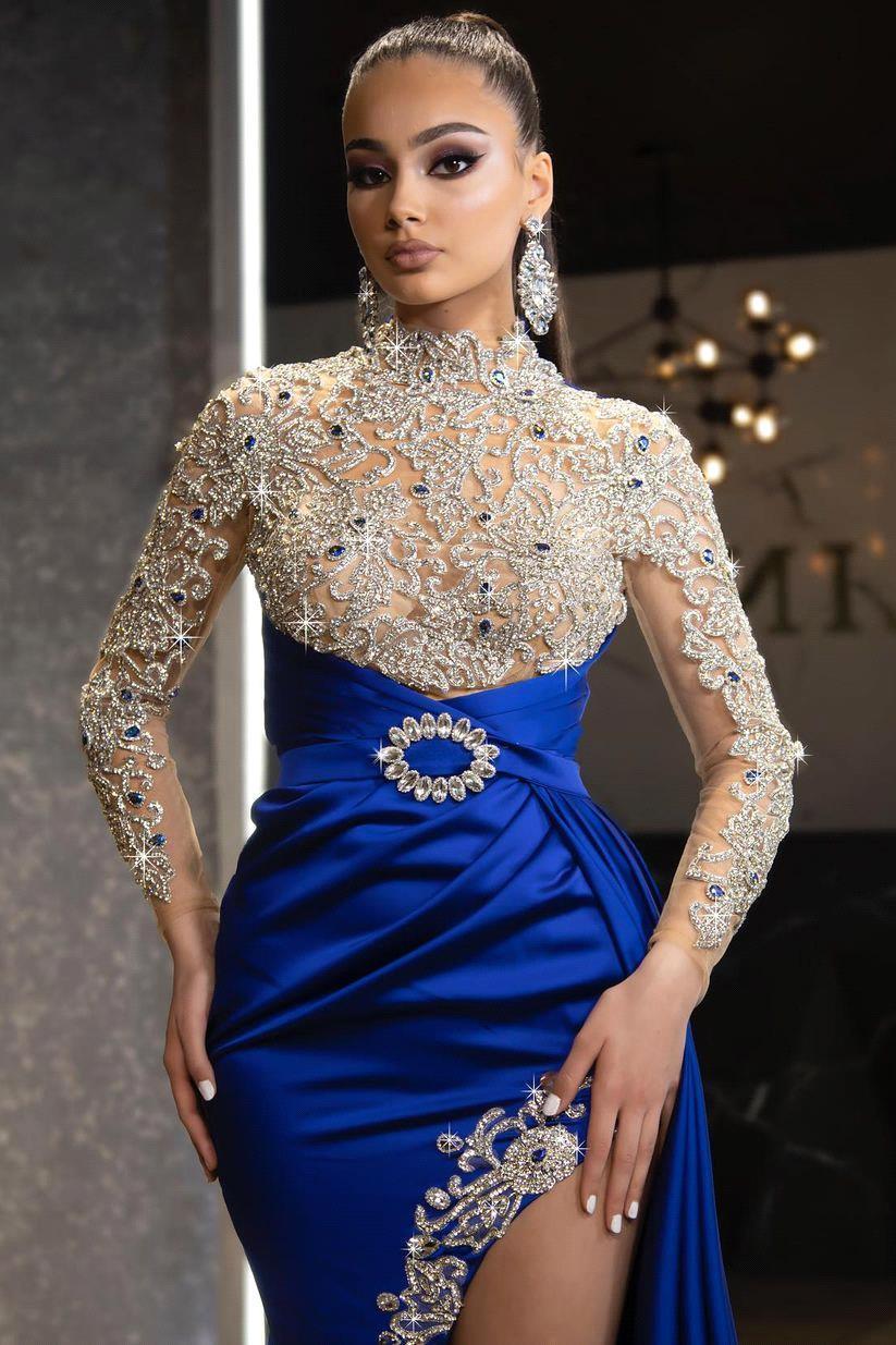 Long Sleeves Royal Blue High Split Sparkle Beaded Prom Dress