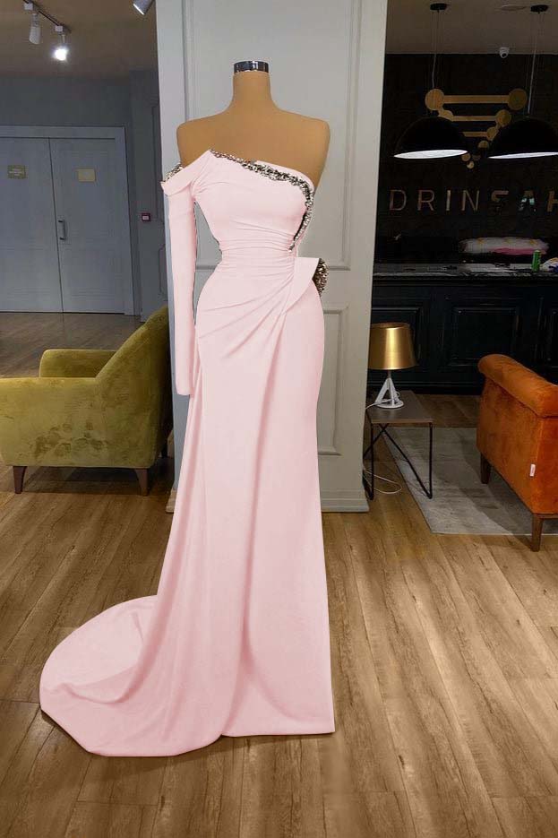 Long Sleeves Strapless Orange Sequined Long Prom Dress