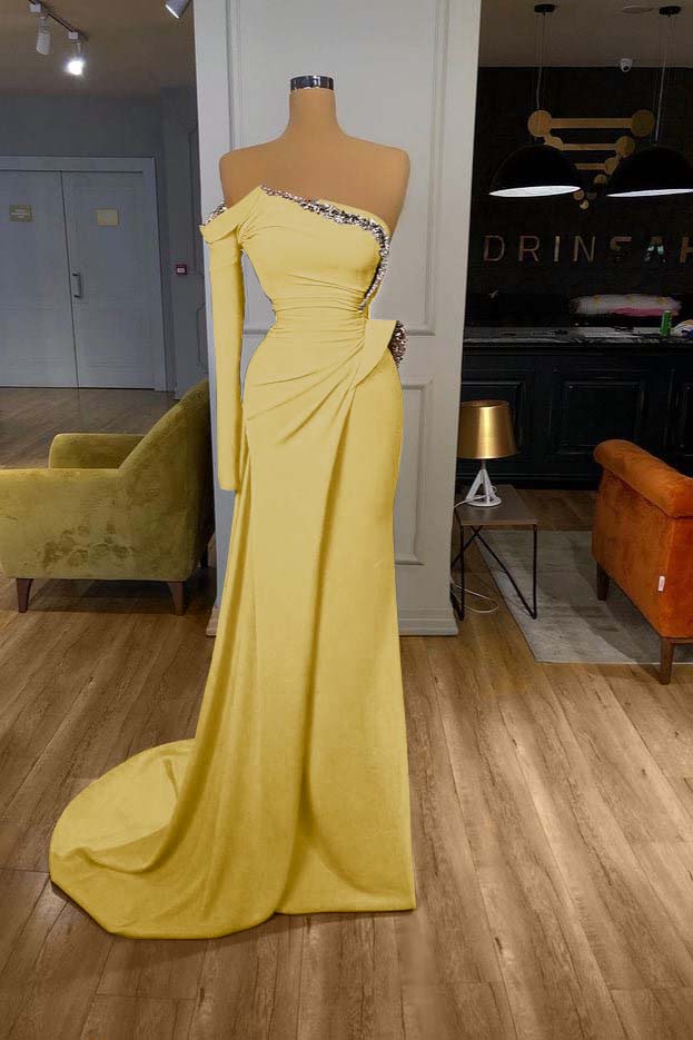 Long Sleeves Strapless Orange Sequined Long Prom Dress
