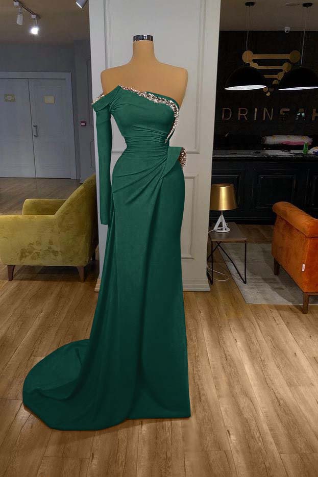 Long Sleeves Strapless Orange Sequined Long Prom Dress