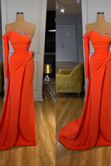 Long Sleeves Strapless Orange Sequined Long Prom Dress