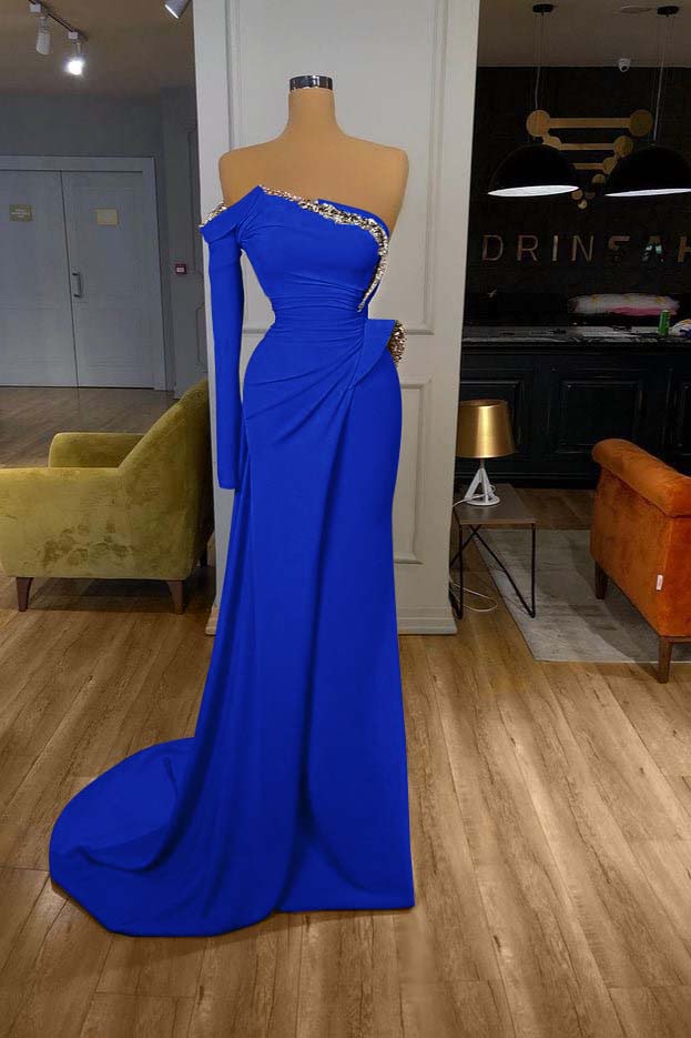 Long Sleeves Strapless Orange Sequined Long Prom Dress