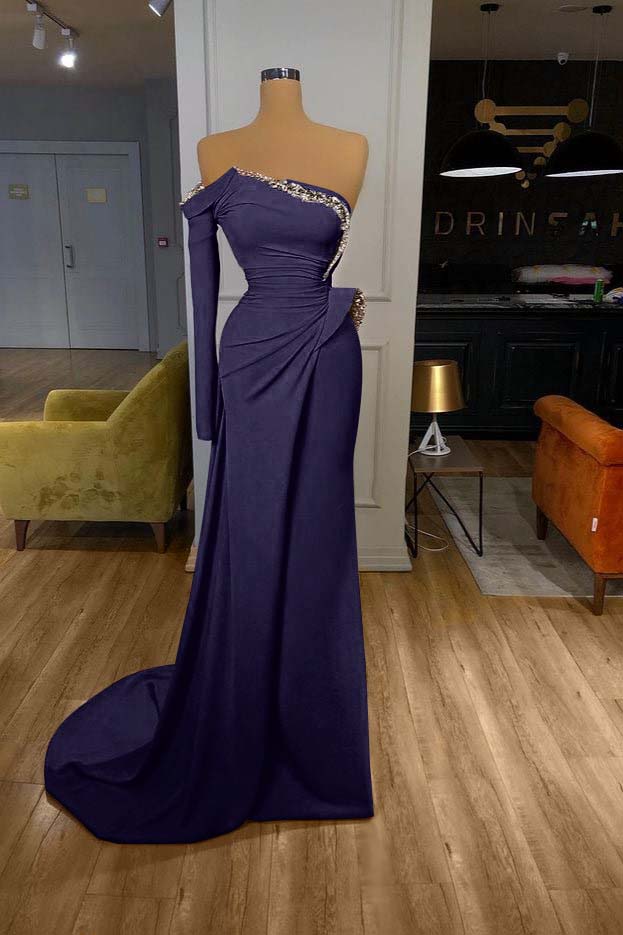 Long Sleeves Strapless Orange Sequined Long Prom Dress