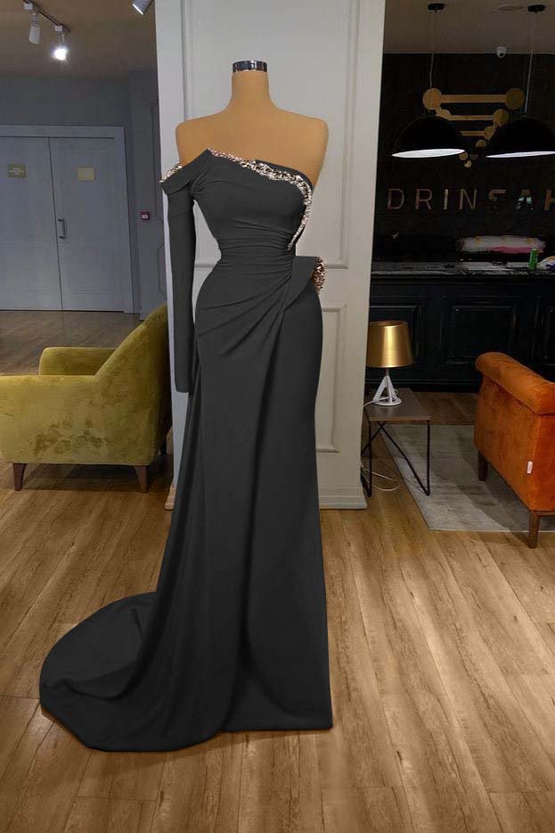 Long Sleeves Strapless Orange Sequined Long Prom Dress